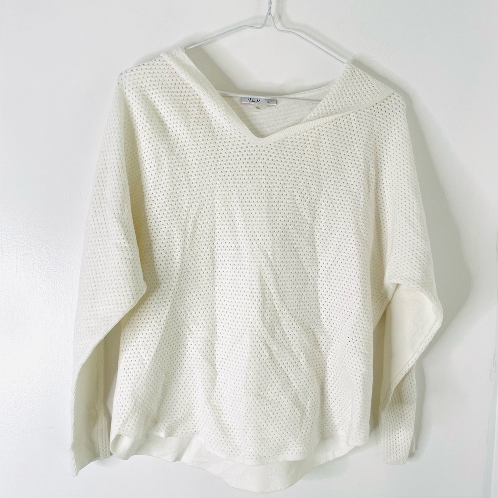 Vila Milano White Mesh Combo Hooded V-Neck Knit Pullover Sweater